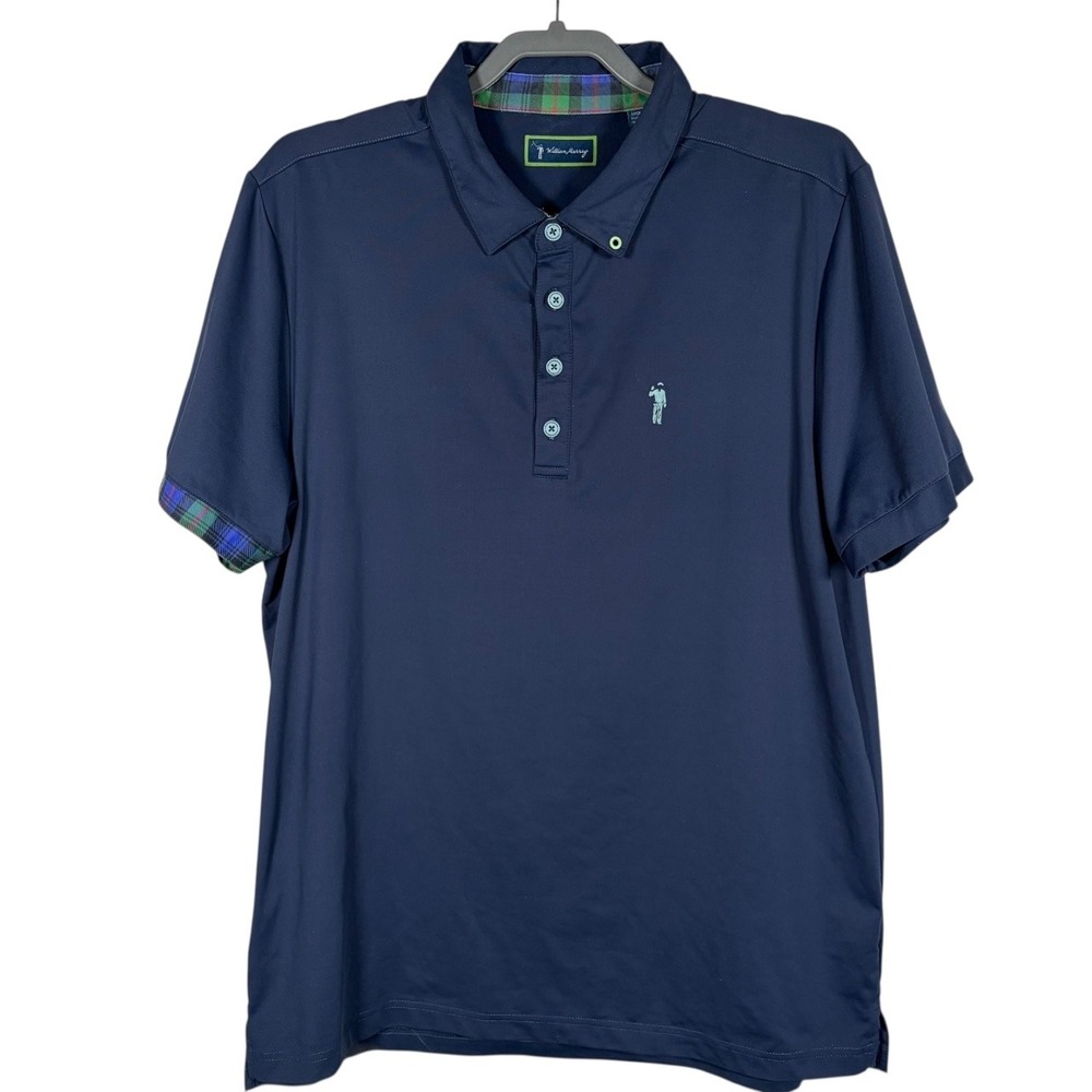 William Murray Golf Polo Shirt Men's Large Blue Tartan Plaid Trim Short‎ Sleeve